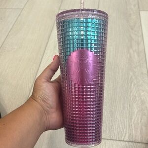Starbucks blue and pink grid tumbler 24oz